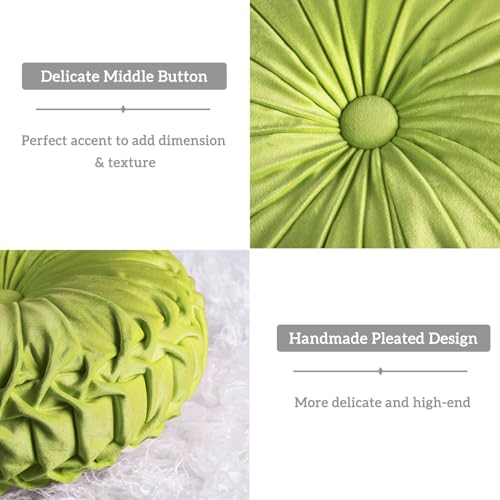 HIG Set of 2 Decorative Round Pleated Throw Pillows,Classy Accent Pumpkin Throw Pillows with Center Button,Vintage Velvet Floor Pillows for Sofa Vanity Chair Bed,Apple Green,14.5" Diameter(Ripple)