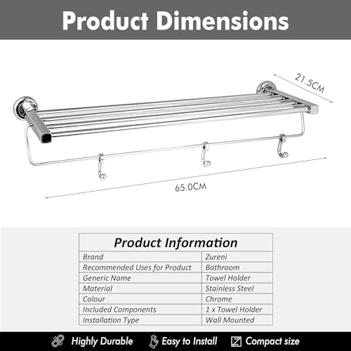 Image of Zureni Folding Towel Rack for Bathroom with Multipurpose Hooks Wall Mount Hanger Bar Shelf Accessories and Fittings Stand Home Washroom Kitchen (Pack of 1, Silver, Square Rod)