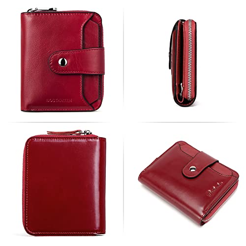 Image of BOSTANTEN Leather Wallets for Women RFID Blocking Zipper Pocket Small Bifold Wallet Card Case Wine Red