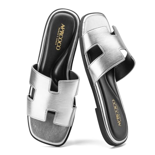 AprCoco Women's Flat Sandals Dressy Classic H-Band Flats Sandals Summer Beach Vacations Slide Sandals,Size 6.5,silver
