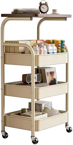 Rolling Trolley on Wheels | Versatile Wooden Top Side Table for Kitchen, Bathroom & Living Room | Utility Cart, Book Cart (B, 17x11x30in/44x30x77cm)