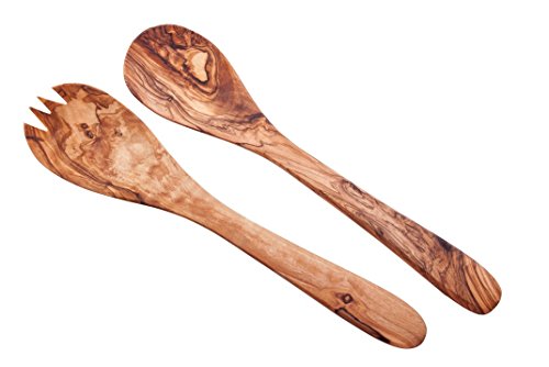 Foto von ARISTOS Salatbesteck aus echtem Olivenholz – 2 teiliges mit Olivenöl behandeltes handgefertigtes Holzbesteck Set mit 30 cm Länge für Salat usw. - echtes Unikat aus Griechenland