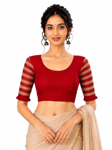 Image of SFT Round Neck Cotton Lycra Stretchable Laced Elbow Sleeves Readymade Saree Blouse for Women Stylish (Shibani