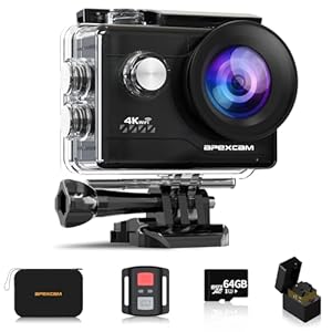 Apexcam Action Camera 4K with 64G SD Card Sports Cameras 20MP 131FT Waterproof Underwater Camera 170°Wide-Angle WiFi Cameras with 2.4G Remote Control, 2 Batteries, Mounting Accessories Kits