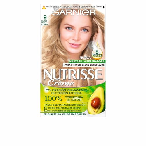 Garnier Nutrisse Creme Coloración Nutritiva Permanente, Tinte 100% Cobertura de Canas con Mascarilla Nutritiva de 5 Aceites - Tono 9 Rubio muy Claro