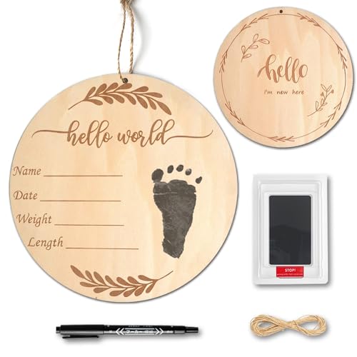 Image of Baby Birth Announcement Sign with Marker Pen, Wooden Hello World Newborn Sign with Ink Pad for Baby Hand and Footprints, Double-sided Newborn Announcement Sign for Baby Shower Photo Prop Keepsakes