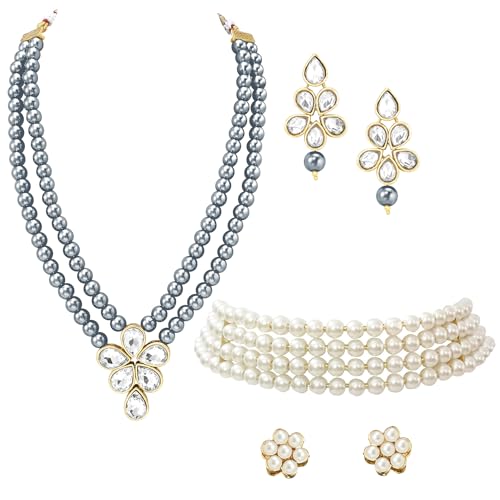 Image of Peora Crystal Faux Pearl Kundan Necklace & Jewellery Set Gift for Women
