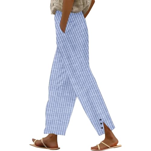 Womens Striped Linen Pants Summer Casual Straight Leg Cropped Pants Comfy High Waisted Trousers with Pockets 20253