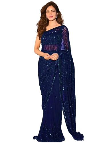 Image of AKHILAM Women's Navy Blue Georgette Embellished Saree With Unstitched Blouse Piece (BITTI605B JR)