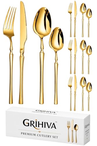 Image of 16 Pcs Gold Slim Handle Stainless Steel Cutlery Set for Dining Table with Spoons and Forks Set + Butterknives - The Perfect Tableware /Flatware