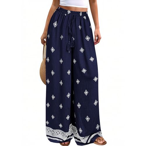 Pantalon Palazzo léger bleu marine à taille élastique pour femme S