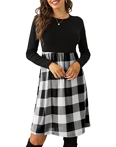 PALINDA Women's Plaid Long Sleeve Empire Waist Pleated Loose Swing