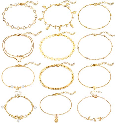Fesciory 12 Pcs Ankle Bracelets for Women Gold Beach Layered Adjustable Anklet Set Girls Summer Foot Chain Jewelry