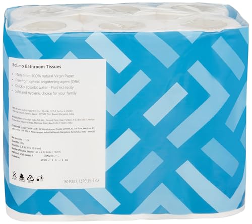 Image of Amazon Brand - Solimo 3 Ply Toilet Paper Roll | 3840 Pulls | 160 Pulls X 24 Rolls | Soft and Highly Absorbent | 100% Natural Virgin Cellulose Fiber