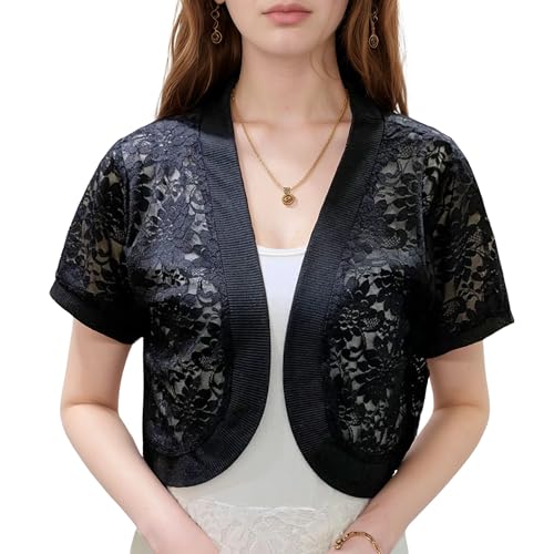 Image of FindThy Women's Cropped Bolero Shrugs Short Sleeve Open Front Floral Lace Hollow Out Cardigan Jacket