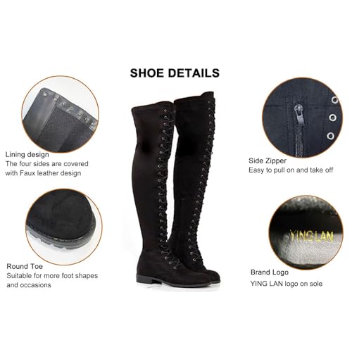 YING LAN Women's Over The Knee Low Heel Lace Up Tall Boots4