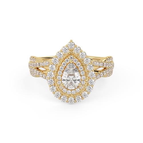 SAVEARTH DIAMONDS Double Halo Shank Engagement Rings for Women, Center 6x4mm Pear and Round cut Lab Created Moissanite Ring in 10K / 14K Solid Gold OR 925 Sterling Silver