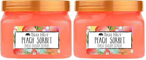 Image of Tree Hut Peach Sorbet Shea Sugar Scrub, Exfoliating, Hydrating & Moisturizing Body Scrub with Shea Butter & Nourishing Essential Oils, Smooth & Soften Skin, 18 oz (Pack of 2)