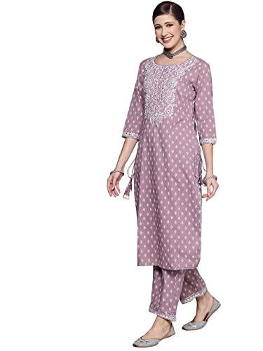 Image of ishin Women's Purple Embellished A-Line Kurta Set With Palazzo