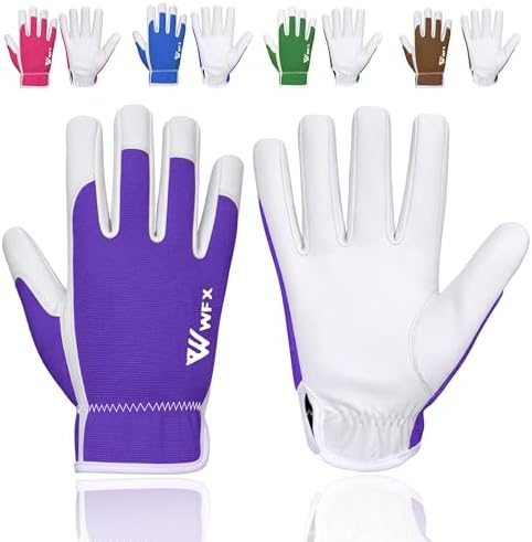 WFX Leder-Arbeitshandschuhe für Gartenarbeiten, atmungsaktiv, dornensicher, Handflächenbau, strapazierfähig, Gartenhandschuhe, Damen und Herren, Gripper Utility (Lila, M)