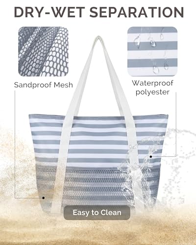 Image of HOMESPON Beach Bag Large Waterproof Sandproof Tote for Women with Zipper and Mesh Pockets