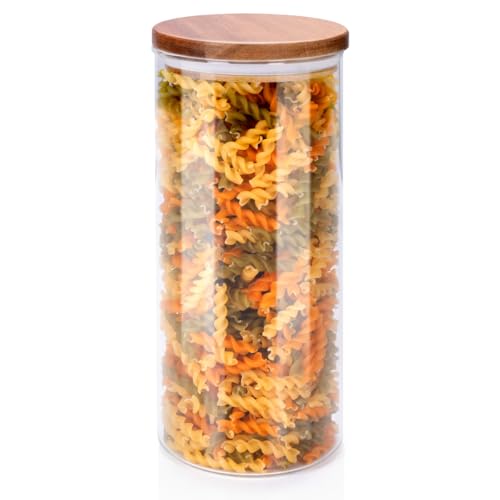 alpina - Tarro de conservación, 1250 ml, de vidrio borosilicato con tapa de madera de acacia, olla de cristal para cocina, despensa o caramelo, diámetro 9,5 x 21 cm