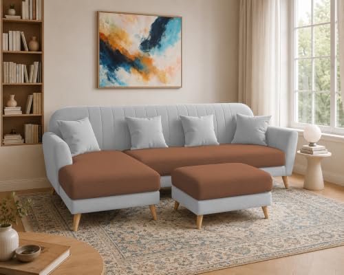 Image of Atticus LHS 6 Seater L Shape Sofa Set with Ottoman Living Room (Brown Grey Colour Fabric) Premium Fabric Sofa Set for Living Room