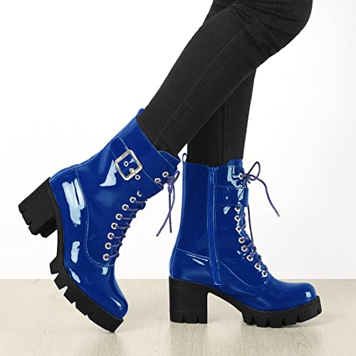 Allegra K Allegra K Women's Zip Platform Chunky Heel Blue Combat Boots 10 M US