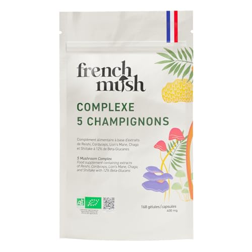 French Mush Complejo 5 Hongos Bio - 168 Cápsulas Veganas - Shiitake, Lion’s Mane, Reishi, Cordyceps, Chaga - Digestión, Bienestar - 2 Cápsulas al Día - Testado en Laboratorio