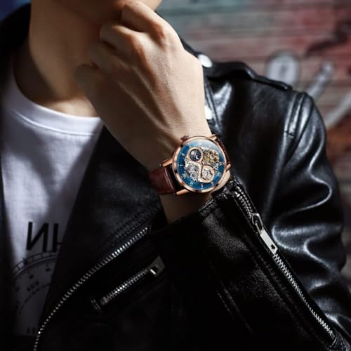 OLEVS Men Skeleton Watch Automatic Winding Moon Phase Dress Luxury Leather Strap Waterproof Luminous Men Wrist Watch - Image 3