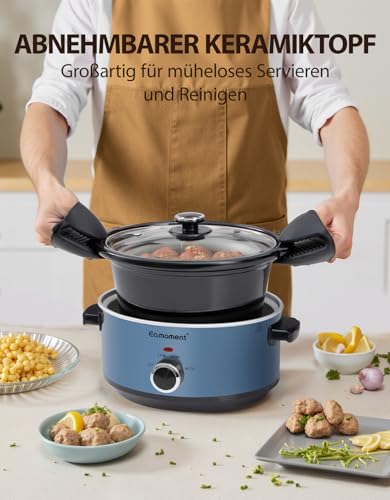 3,5 l | 200 W Slow Cooker con 3 livelli di riscaldamento e indicatore di potenza, lavabile in lavastoviglie e con maniglie, coperchio in vetro facile da pulire - immagine 5