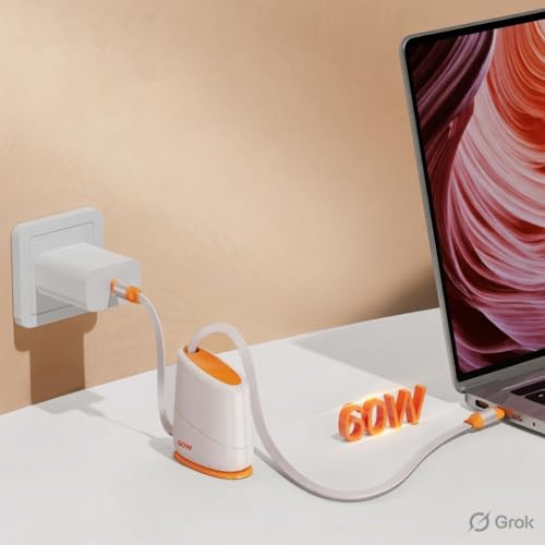Image of Off White Desktop Retractable Single Pull Fast Charging Cable USB-C to Lightning - Tangle-Free 1.2m iPhone Charger | Premium Aesthetic Desk Cable for iPhone