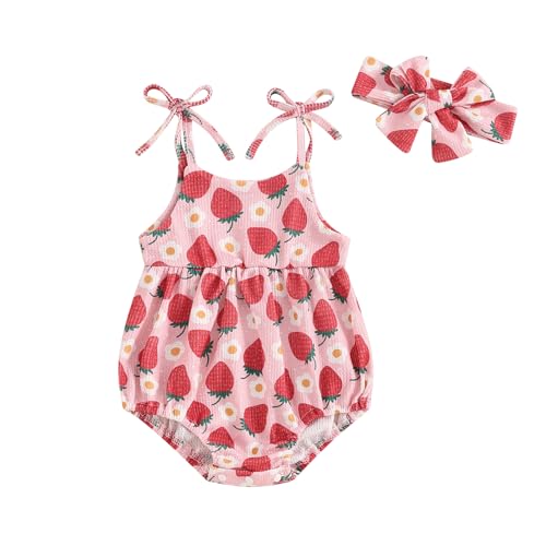 Image of Summer Baby Girl Clothes Newborn Floral Bubble Romper Strap Sleeveless Jumpsuit Playsuit Headband Outfit