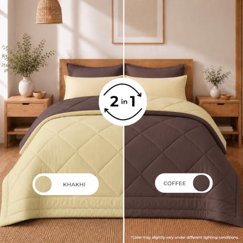 Image of King Size Comforter for Double Bed, 220 GSM Soft Microfiber AC Blanket, All Season Lightweight Reversible Bed Quilt, Premium Bedding, 90 x 100 Inch, Coffee-Khaki