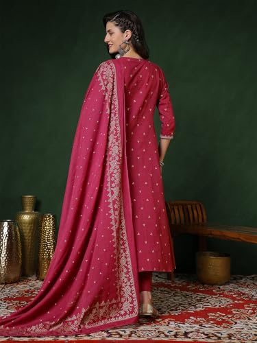 Image of PARTHVI Women's 100% Pure Cotton Anarkali Kurta Set with Pant & Dupatta | Embroidered Flared Kurta | Elegant Ethnic Suit