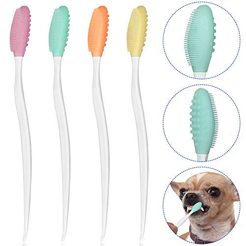 SlowTon Hundezahnbürste, 4 Packungen Silikon Pro doppelseitig Weicher Komfort Schonender Zahnbürsten-Satz mit 5,7 Zoll gebogenem langem Griff für kleine Welpen von Welpen Kleinste Hunde Katzen