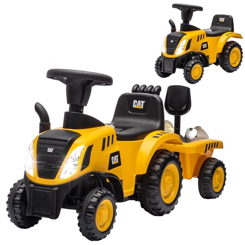 Qaba 2 in 1 Ride on Tractor for Kids, Caterpillar Licensed Ride on Excavator with Shovel & Detachable Trailer, No Power Ride on Push Car for 18-36 Months, Yellow