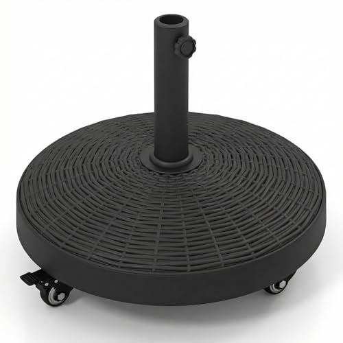 TANGZON 24KG Garden Parasol Base with Wheels Heavy Duty Resin Patio Umbrella Stand for 38/48mm Poles Round Outdoor Parasol Base with Lockable Castors Rattan Effect Black 52 x 52 x 41 cm