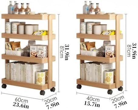 4-Tier Wooden Rolling Cart, Multi-Functional Book Trolley, Floor-Standing Storage Rack for Home, Office & Living Room, Durable Brown Finish (60 x 20 x 81cm)