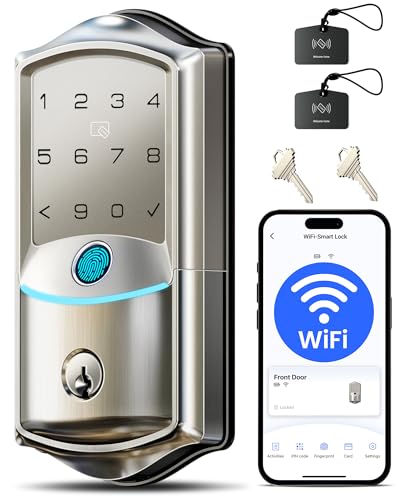 Veise VE027 Built-in Wi-Fi Smart Lock, Fingerprint Keyless Entry Front Door Lock, App Remote & Voice Control, No Hub Needed, Touchscreen Keypad Deadbolt, IP65 Waterproof, BHMA Grade 3, Satin Nickel