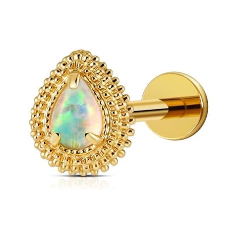 FINE4U Conch Piercing Jewelry 16G 6mm 8mm - ASTM F136 Titanium Flat Back Stud Pear Teardrop Cartilage Earring for Helix Tragus Flat Cover