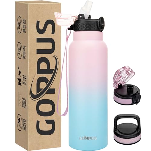 GOPPUS 750ml/26oz Stainless Water Bottle with Straw Double Wall Insulated Bottles with Strap Reusable Vacuum Thermal Flask Leakproof Keep Cold Drinks Bottles with Flip Top Lid for Men Women BPA Free