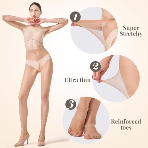 Image of 3 Pairs Sheer Pantyhose for Women T-Crotch Tights 20D Ultra Thin High Waist Stockings