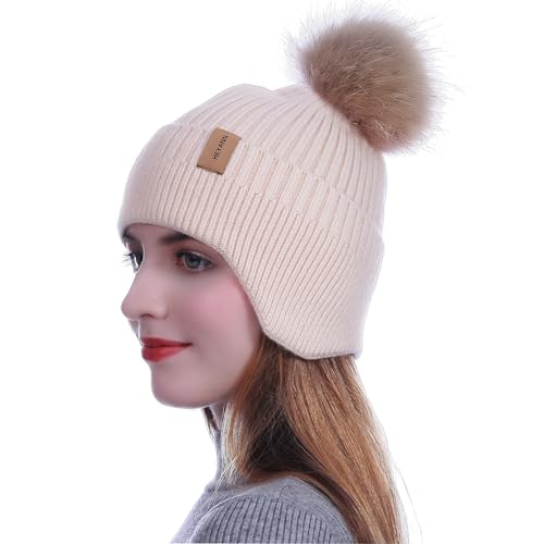 HEYANN Bonnet d'hiver tricoté à cache-oreilles, unisexe, bonnet d'hiver chaud en tricot coupe-vent pour femme, chapeau parapluie pour la marche, la course à pied, beige, Taille unique