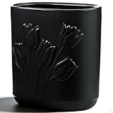 Ramblion Black Ceramic Tulips Small Bathroom Trash Can 2.6 Gal (10 Liter) - Heavy & Decorative Garbage Bin for Bathroom, Kitchen, Office, Bedroom & Living Room Corner