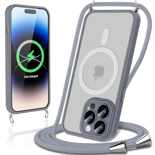 Xylota Handykette für iPhone 13 Pro 6,1 '' Magnetisch Hülle mit Band, Kameraschutz Vollständiger, Handyhülle mit Kette Kordel [Kompatibel mit MagSafe], Hard PC Schutzhülle zum Umhängen, grau