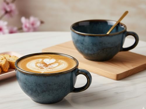 Image of Bodhi House Ceramic Soup and Coffee Wide Large Mug with Handle - Set of 2, 350 Ml Glossy Finish | Microwave Safe | for Maggi, Cappuccino, Latte, Green Tea - Reactive Blue