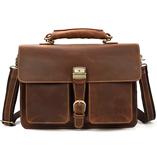 Men's Leather Briefcase Retro Men's Handbag Crazy Horse Leather Double Compartment 14 Inch Computer Bag Single Cell (Color : Brown)