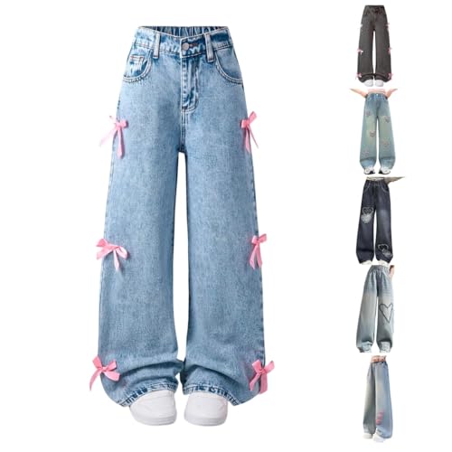 Girls Baggy Jeans Plus Size Y2K Wide Leg Denim Pants Cute Heart Bow Embroidered Jean Pants 2025 Trendy Streetwear