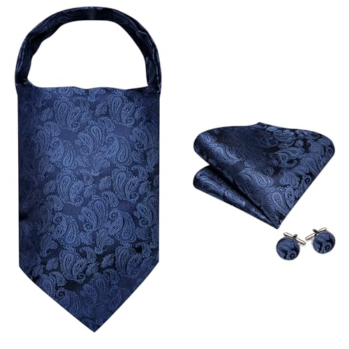 Image of Barry.Wang Ascot Ties Cravat Tie Men Paisley Plaid Scarf Self Tie Pocket Square Cufflinks Set Wedding Party